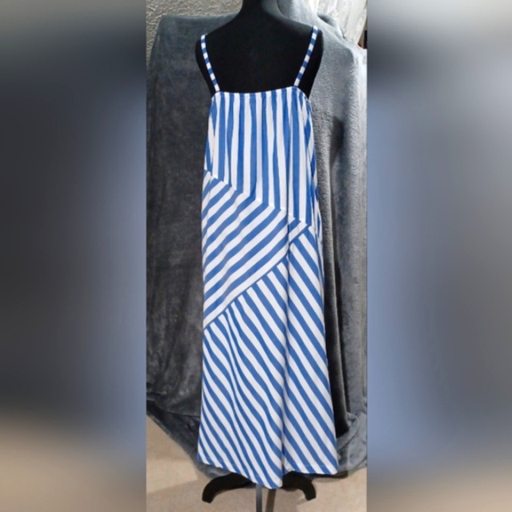 NWT GAP Belted Patchwork Maxi Dress Size Medium In Blue And White Stripes - Picture 4 of 7